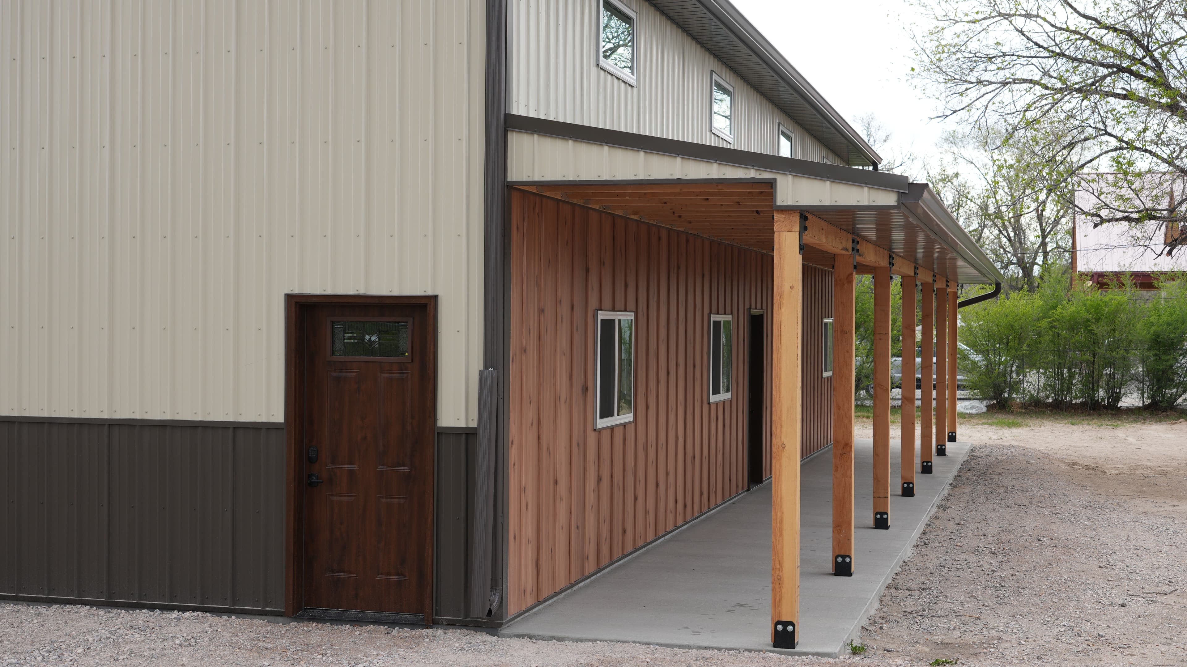 Post-frame jobsite where engineered materials are being staged for install