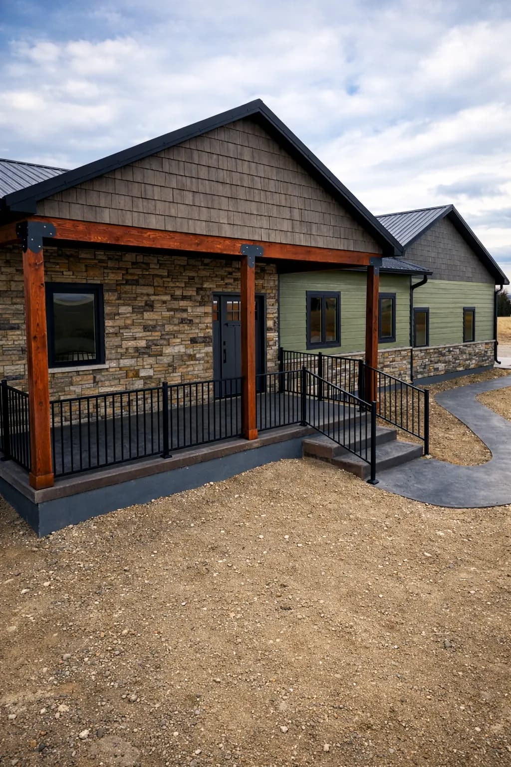 Barndominium entry with Versetta Stone, Diamond Kote siding and timber-wrapped porch posts