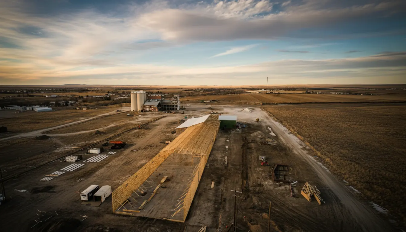 Aerial view of Western Building Supply operations in Wheatland, Wyoming at sunset