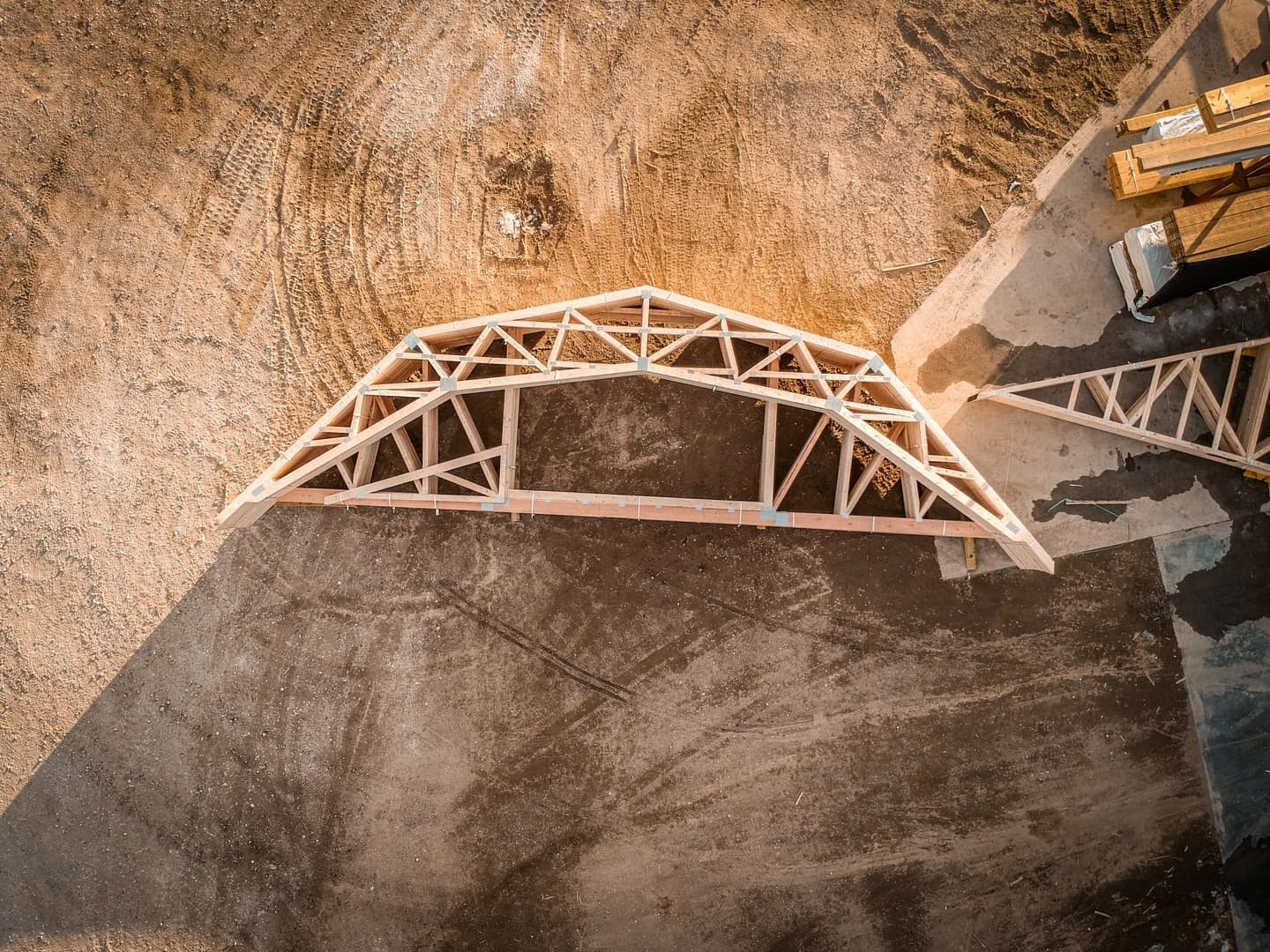 Aerial view of a custom wooden roof truss